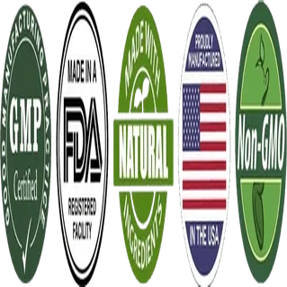 The vendor's five-up certification strip: GMP Certified, FDA Registered Facility, Made With Natural Ingredients, Proudly Manufactured In The USA and Non-GMO
